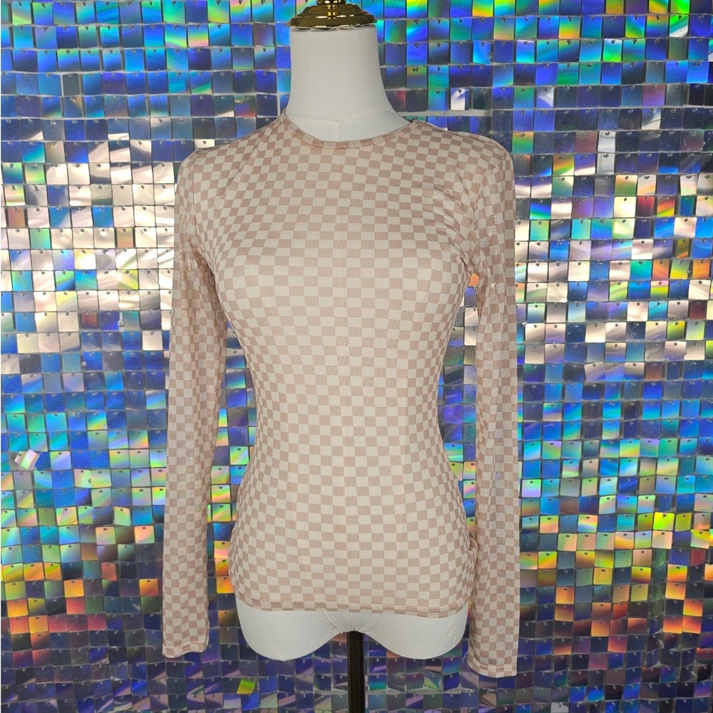 Missguided Mesh Top Womens 4 Tan Cream Excellent Checkered Long Sleeve Crew Neck